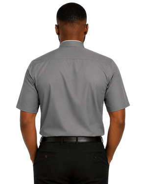 A man viewed from the back wearing a short-sleeve gray clerical shirt, black trousers, and a black belt against a plain white background.