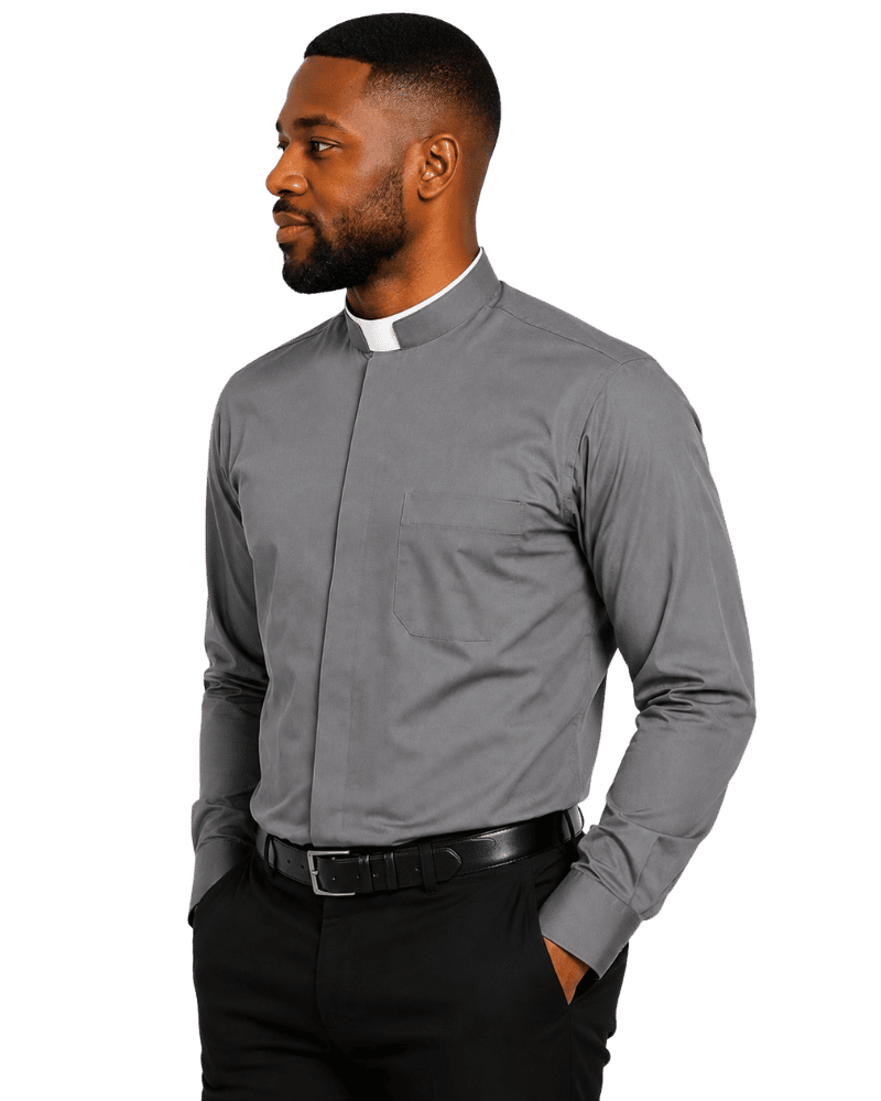 A man wearing a gray long-sleeve clerical shirt with a white collar, paired with black trousers and a black belt, shown in a side-profile view against a plain white background.