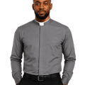 A man wearing a gray long-sleeve clerical shirt with a white collar, paired with black trousers and a black belt, against a plain white background.