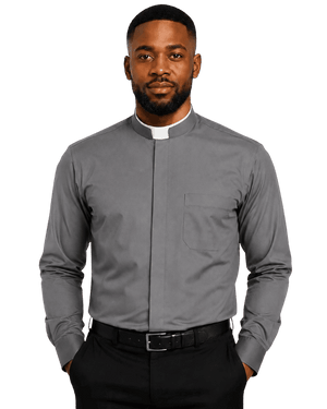 A man wearing a gray long-sleeve clerical shirt with a white collar, paired with black trousers and a black belt, against a plain white background.