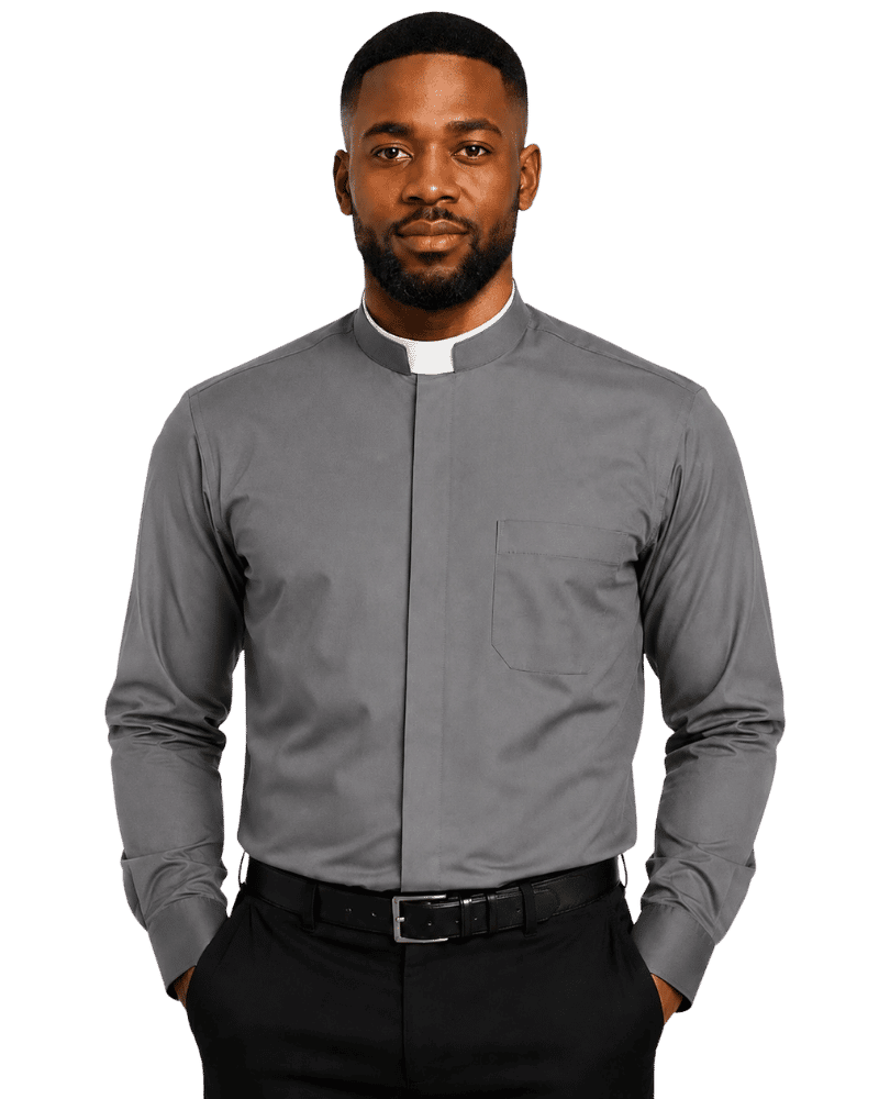A man wearing a gray long-sleeve clerical shirt with a white collar, paired with black trousers and a black belt, against a plain white background.