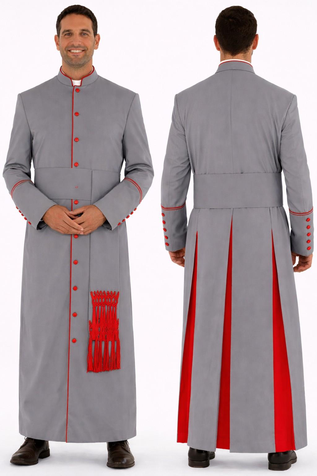Gray robe with red accents worn by a man, shown from front and back on a white background.