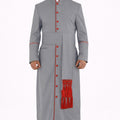 Man wearing a gray robe with red accents on a white background