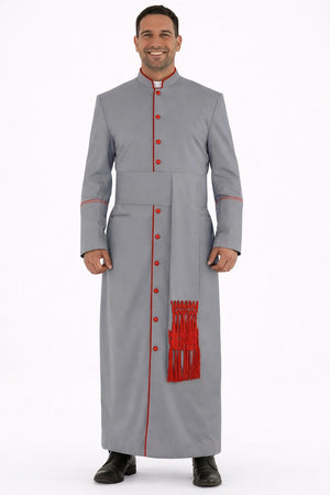 Man wearing a gray robe with red accents on a white background