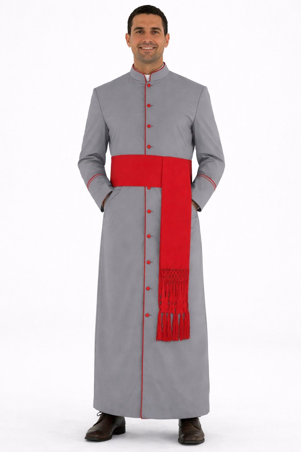 Man wearing a gray robe with red accents on a white background