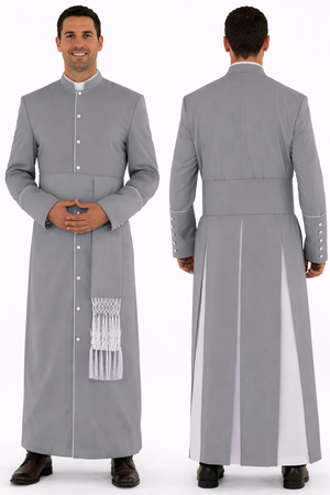 Front and back view of men’s gray and white clergy cassock robe with matching sash on  the white back ground
