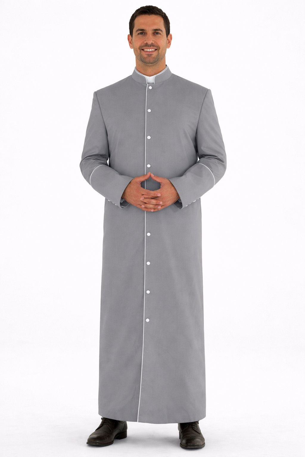 Men’s gray clergy cassock robe with white trim on a white background.
