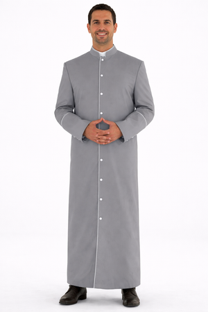 Men’s gray clergy cassock robe with white trim on a white background.
