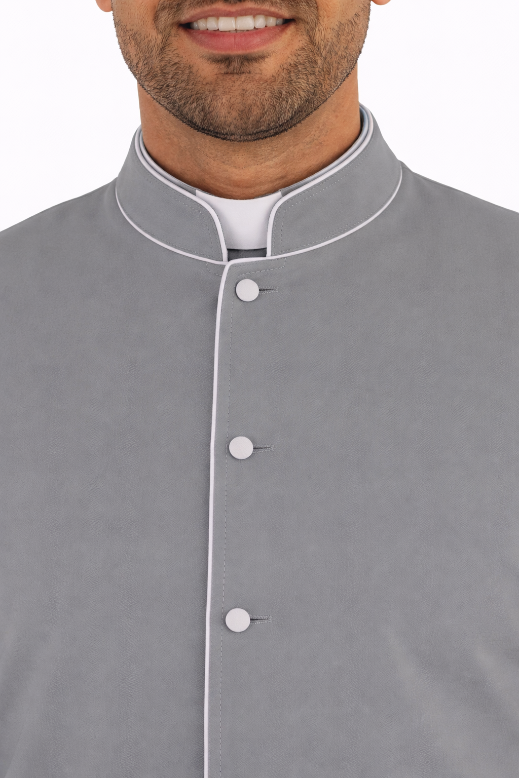 Men’s gray clergy cassock robe with white trim on a white background.
