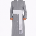 Men’s gray clergy cassock robe with white trim on a white background.
