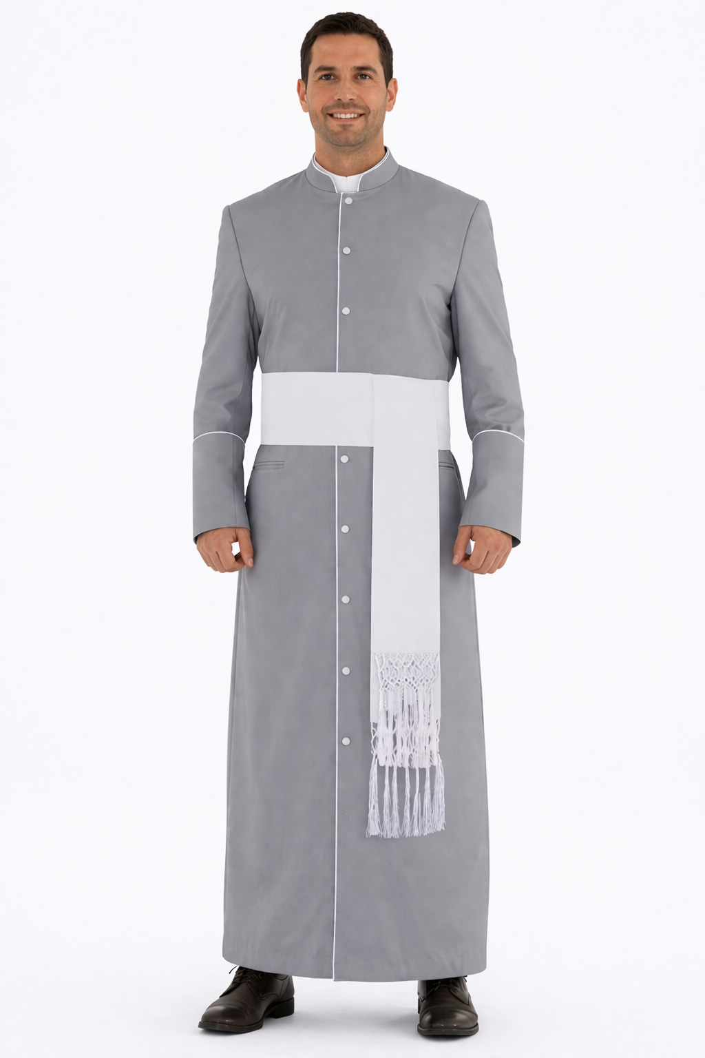 Men’s gray clergy cassock robe with white trim on a white background.
