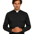 Man wearing a black clerical shirt with a white collar on a white background