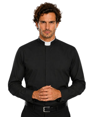 Man wearing a black clerical shirt with a white collar on a white background