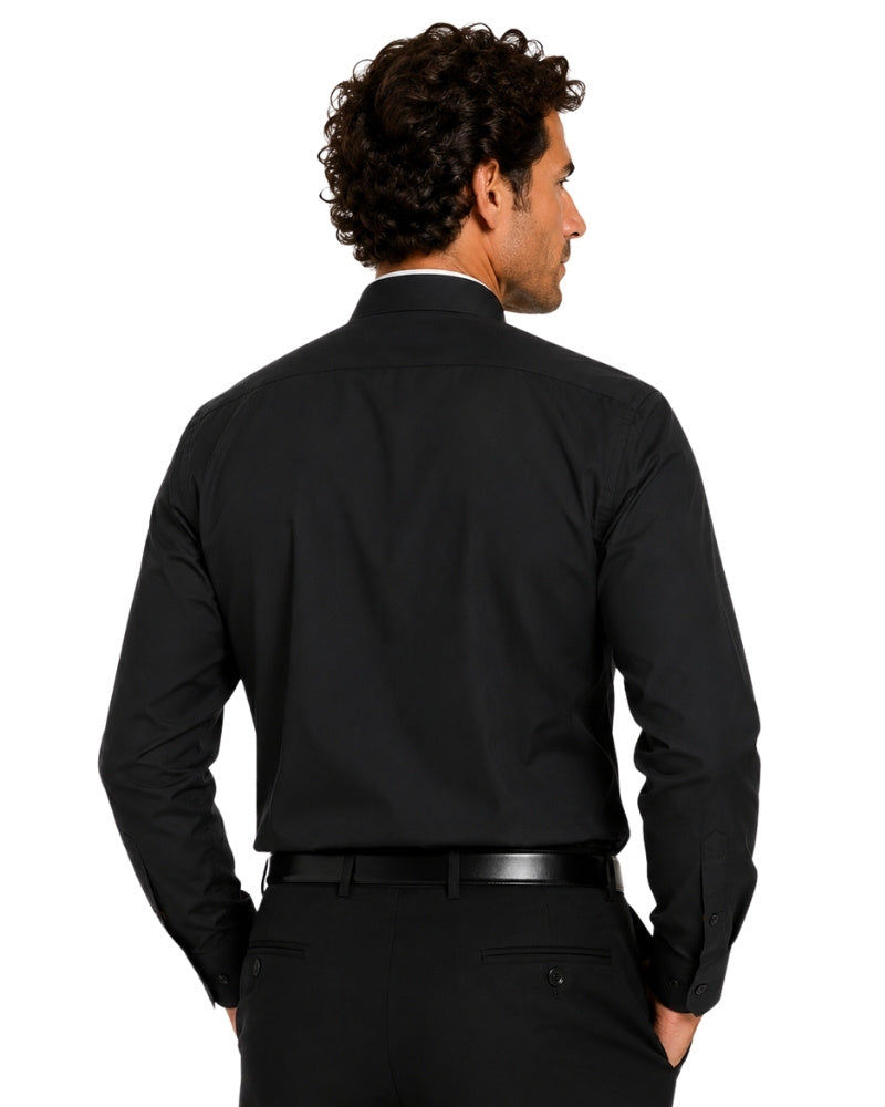 Man wearing a black clerical shirt with a white collar on a white background