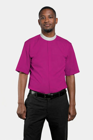 Man wearing a Purple shirt and black pants on a white background