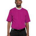 Man wearing a Purple shirt with a white collar on a light gray background