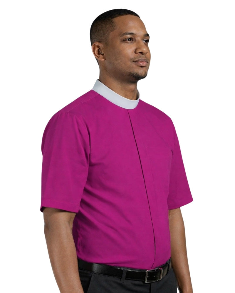 Man wearing a Purple shirt and black pants on a white background