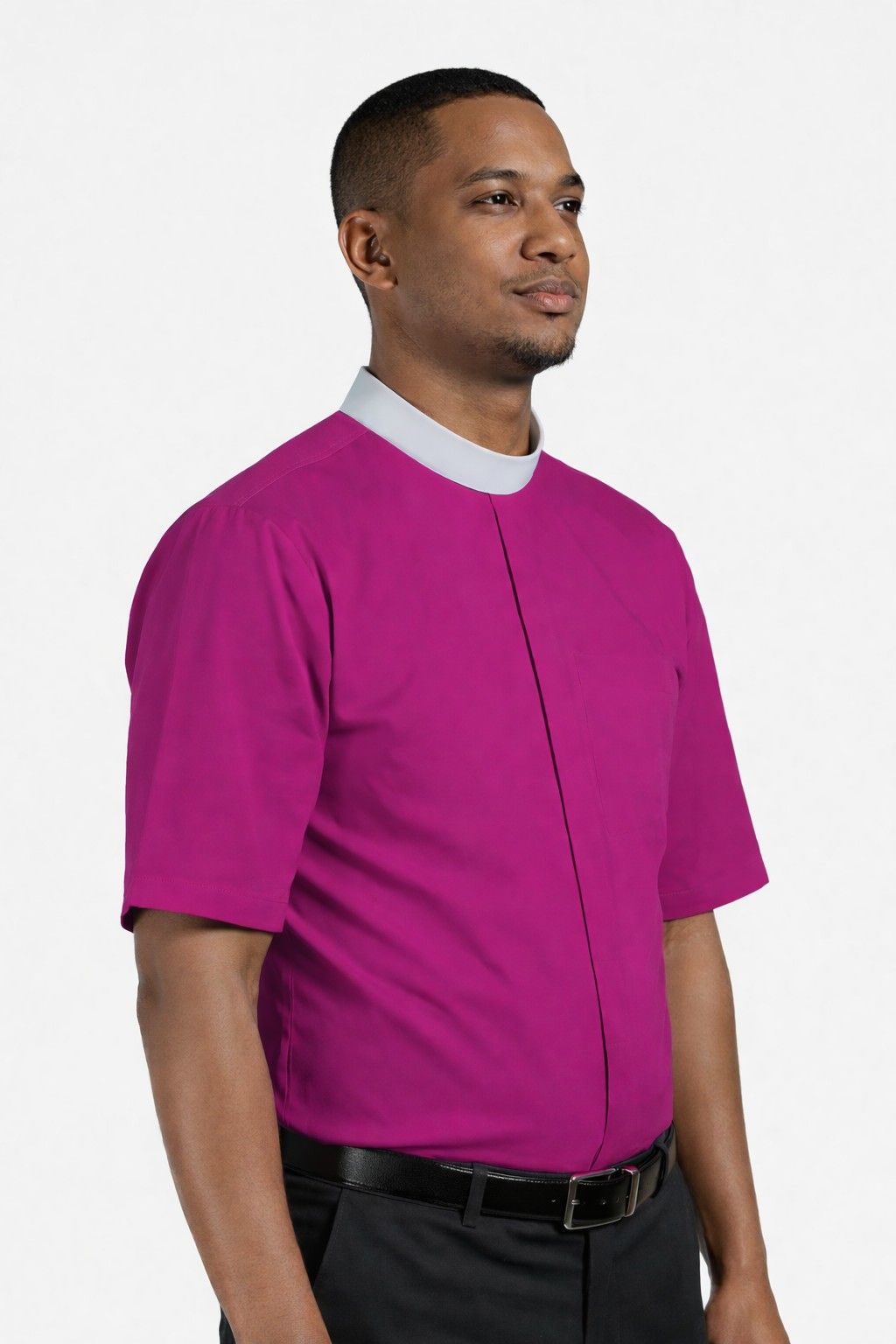 Man wearing a Purple shirt with a white collar on a light gray background