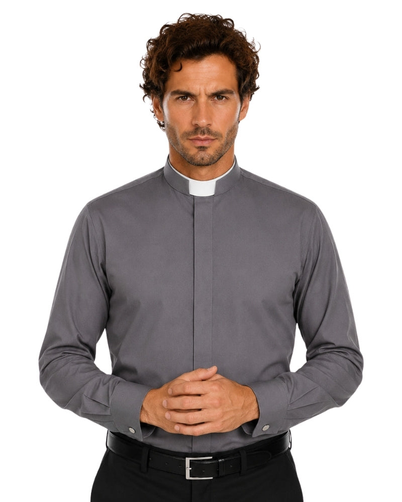 Man wearing a gray clerical shirt with a white collar on a white background