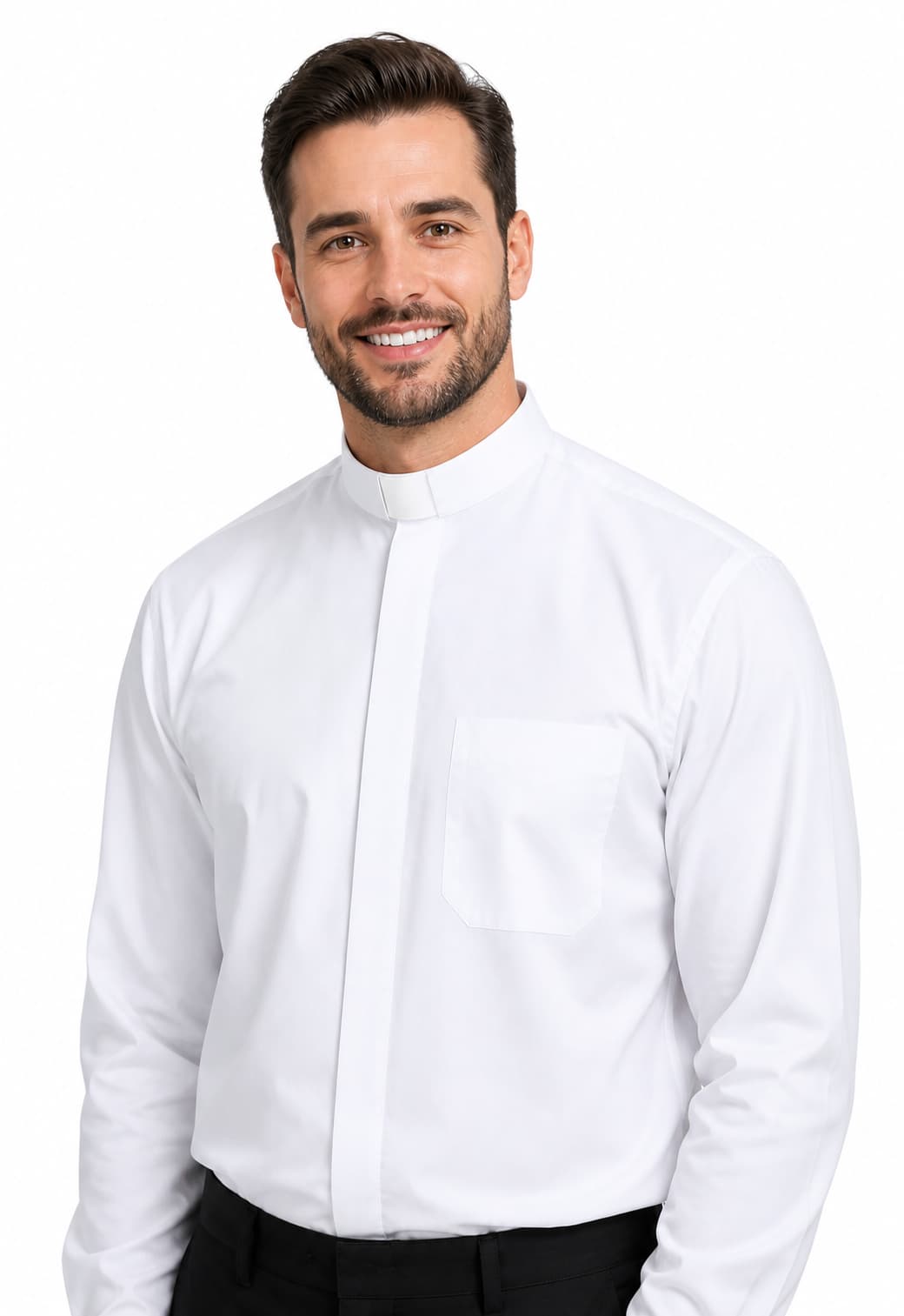 Man wearing a white dress shirt and black pants on a white background