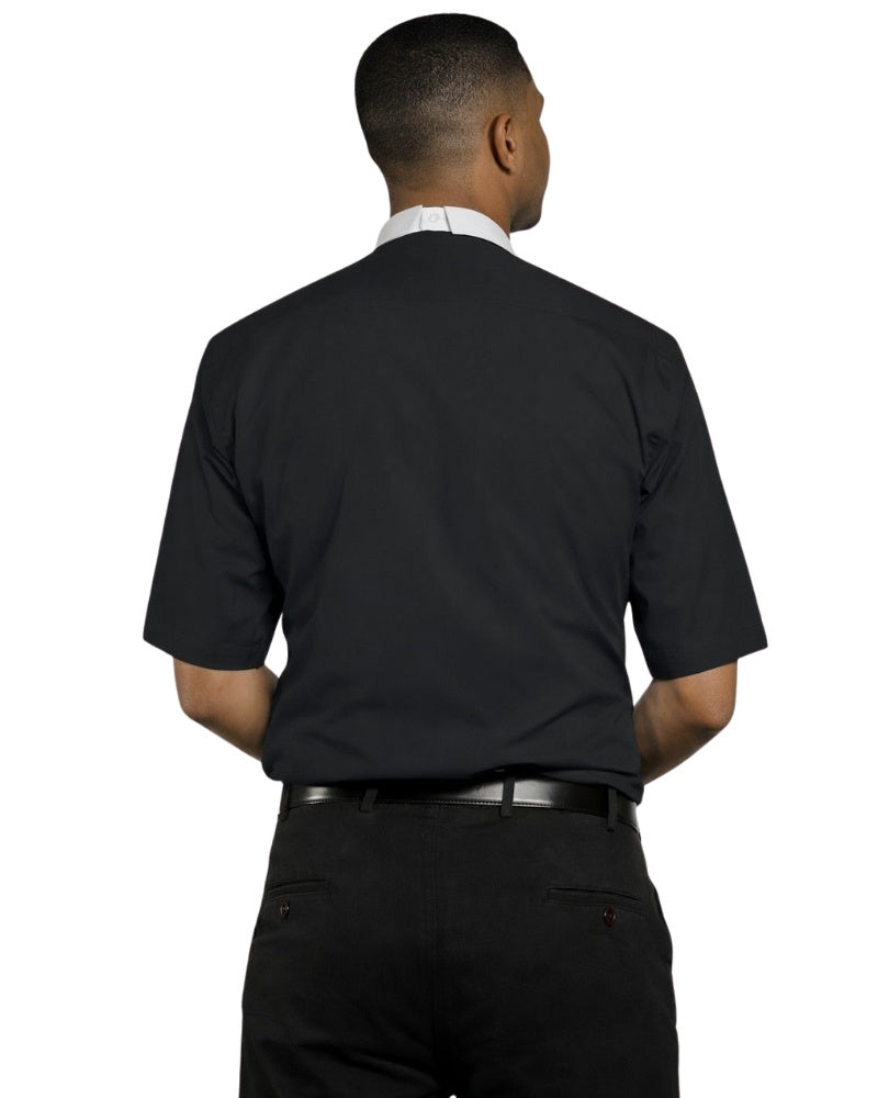 Man wearing a black shirt with a white collar on a white background