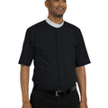 Man wearing a black shirt with a white collar on a white background