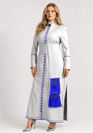 Woman wearing a long white robe with blue accents on a white background