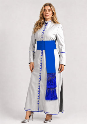 Woman wearing a long white robe with blue accents on a white background
