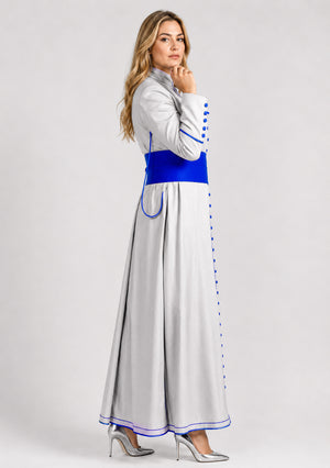 Woman wearing a gray robe with blue accents on a white background