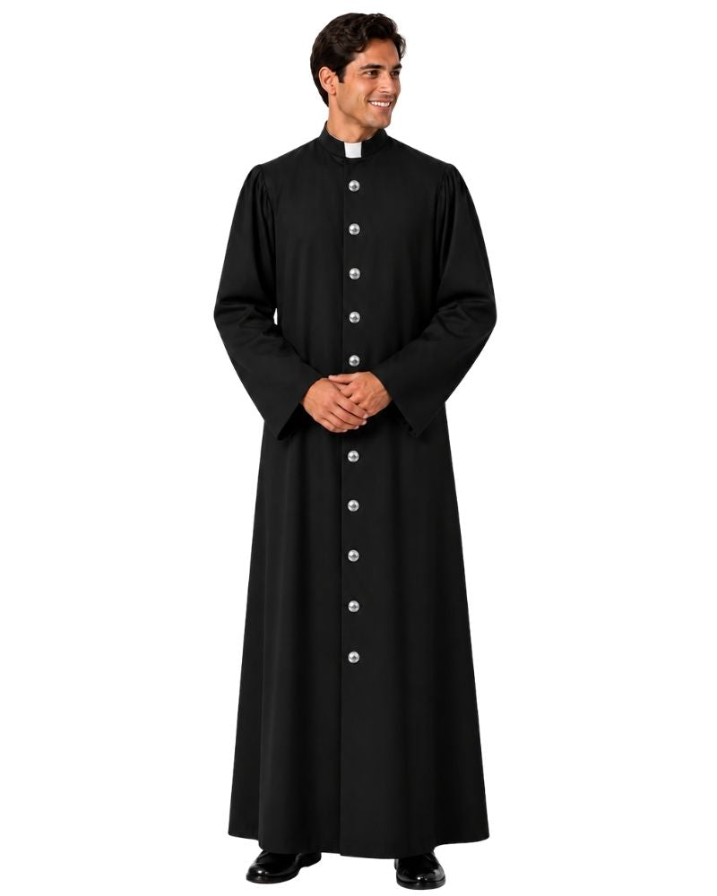 A man modeling a Dominus Steel Button Cassock with a high collar, front buttons, and a draped scarf detail, shown against a plain white background.