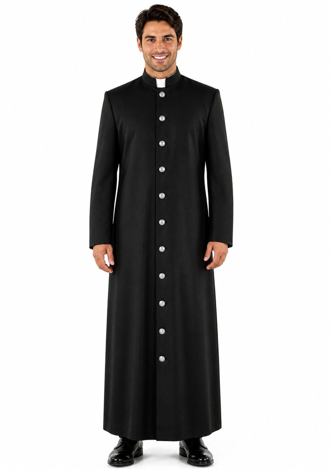 Man wearing a black priest's robe on a white background