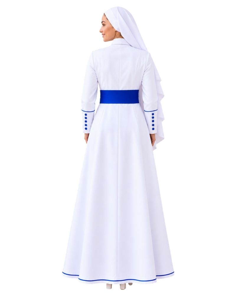 Women wearing Elegant Serene White Clergy Cassock from the backside against the plain white background.