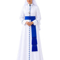 Women wearing Elegant Serene White Clergy Cassock from the front side with blue buttons and blue sash against white background