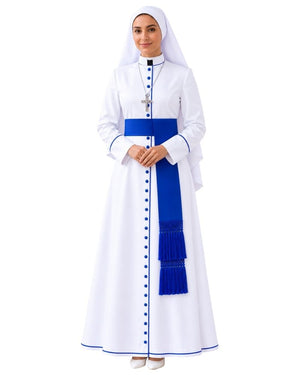 Women wearing Elegant Serene White Clergy Cassock from the front side with blue buttons and blue sash against white background
