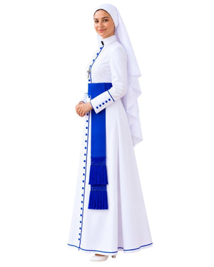 Women wearing Elegant Serene White Clergy Cassock with blue buttons and blue sash against the plain white background.