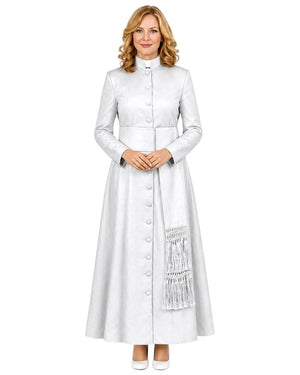 A woman modeling a long white or silver-white long robe with a high stand collar, front buttons, long sleeves, and a decorative fringed panel near the lower skirt, shown against a plain white background.