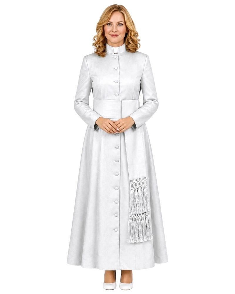 A woman modeling a long white or silver-white long robe with a high stand collar, front buttons, long sleeves, and a decorative fringed panel near the lower skirt, shown against a plain white background.