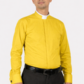 Man wearing a yellow shirt with a white collar against a white background