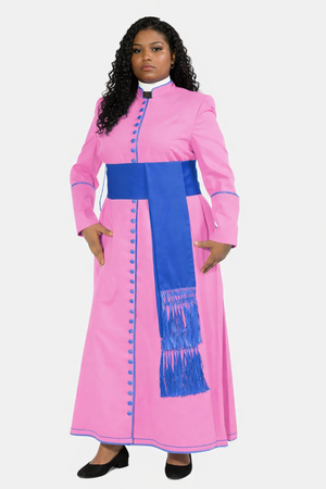 Woman wearing a pink robe with blue accents on a white background