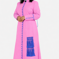 Woman wearing a pink robe with blue accents on a white background
