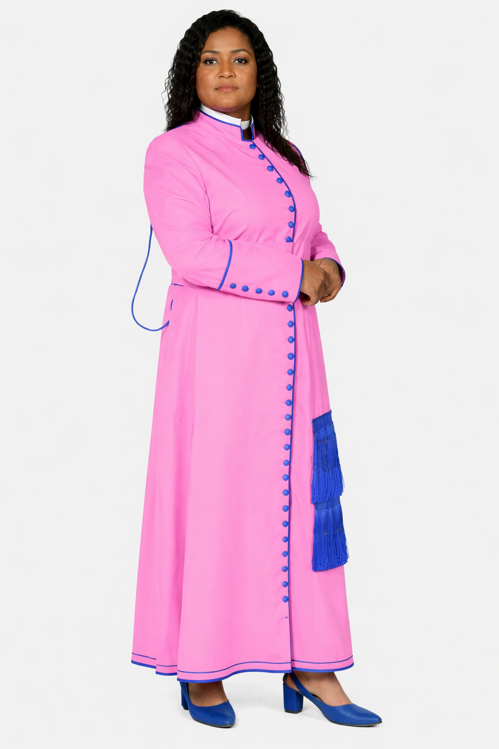 Woman wearing a pink rope with blue accents on a white background