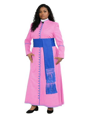 A woman modeling a pink and blue cassock with a blue sash and decorative trim, photographed against a plain white background.