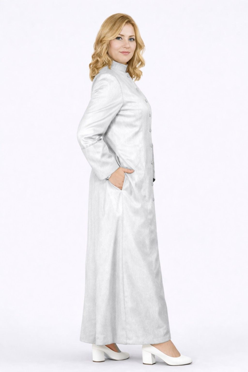 Woman wearing a long white robe on a white background