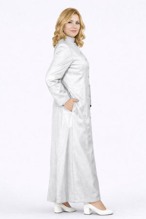 Woman wearing a long white robe on a white background