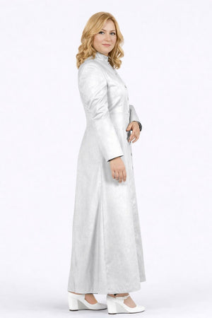 Woman wearing a long white robe on a white background