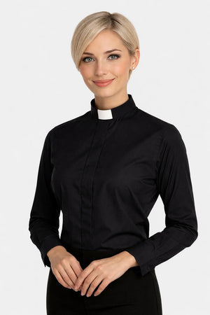 Woman wearing a black clerical shirt with a white collar on a white background