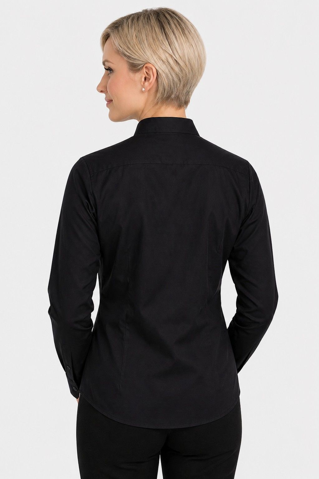 Women wearing a black long-sleeve shirt on a white background