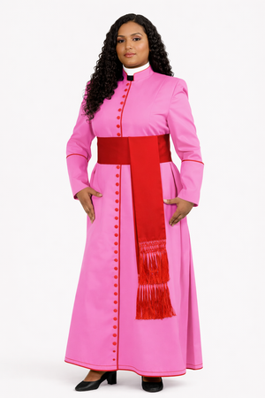 Woman wearing a pink outfit with a red belt and scarf on a white background
