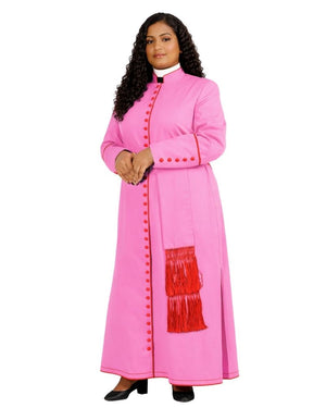 A woman modeling a bright pink robe with red fringe and red decorative buttons, worn over a white collar, against a plain white background.