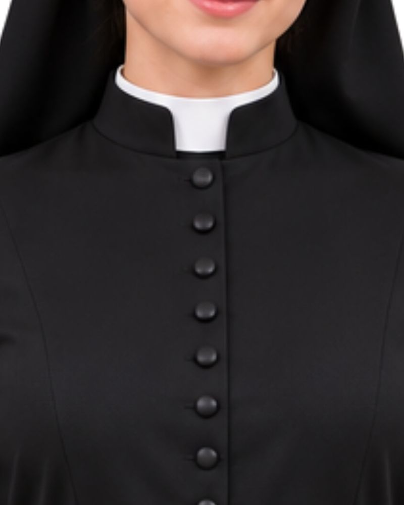 Close-up of a Woman wearing a Black Clergy Cassock with a white collar and black front buttons.